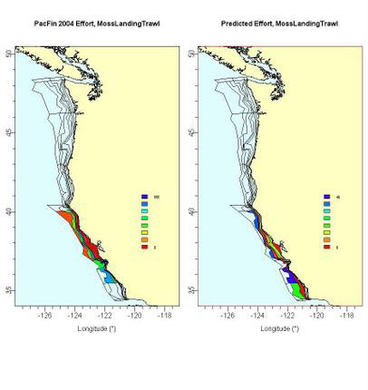 Two maps of US WEst Coast, divided into Atlantis 62 model cells, with spatial effort concentration of the Moss Landing Trawl Fleet plotted on a red to blue color scale, with blue the highest intensity. Left plot is from 2004 data (logbooks), right plot is from model simulation; both apear approximately similar, with effort concentrated in cetnral CA and off San francisco, but small amounts of effort as far N as Cape Mendocino and as far S as Pt Conception  