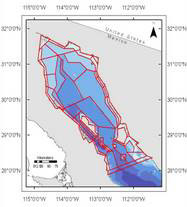  Atlantis model geometry for Northern Gulf of California, showing area divided into 62 polygons based on depth zones, fishing zones, and latitudinal regions